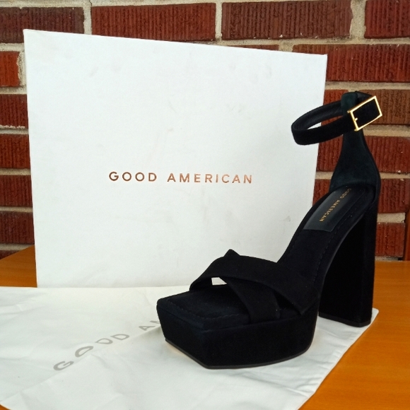 NIB Good American Square Toe Chunky Heel Strappy Sandals in Black Suede Sz. 10.5 - Picture 4 of 8